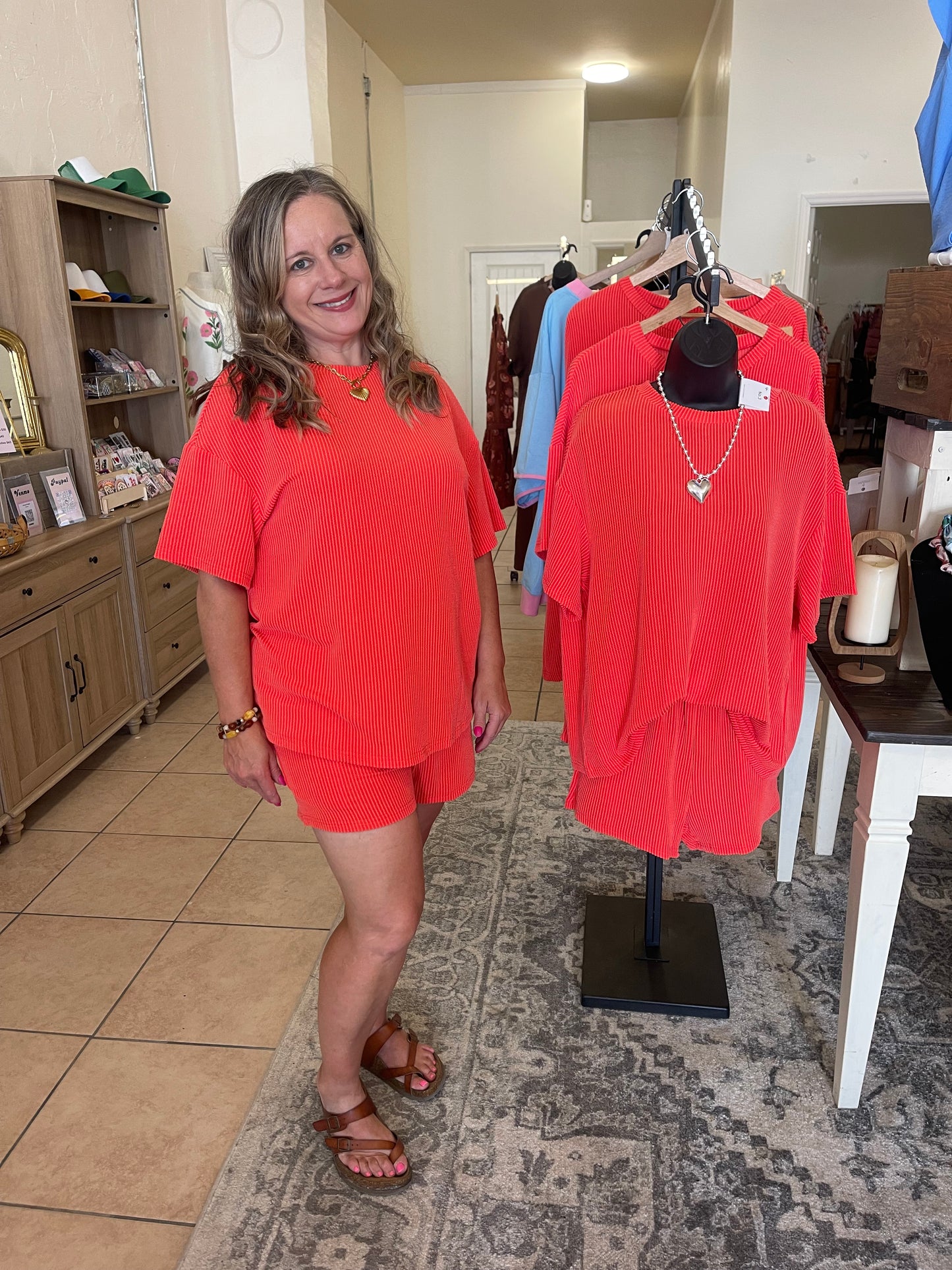 RIBBED RED/ORANGE TOP & SHORTS SET
