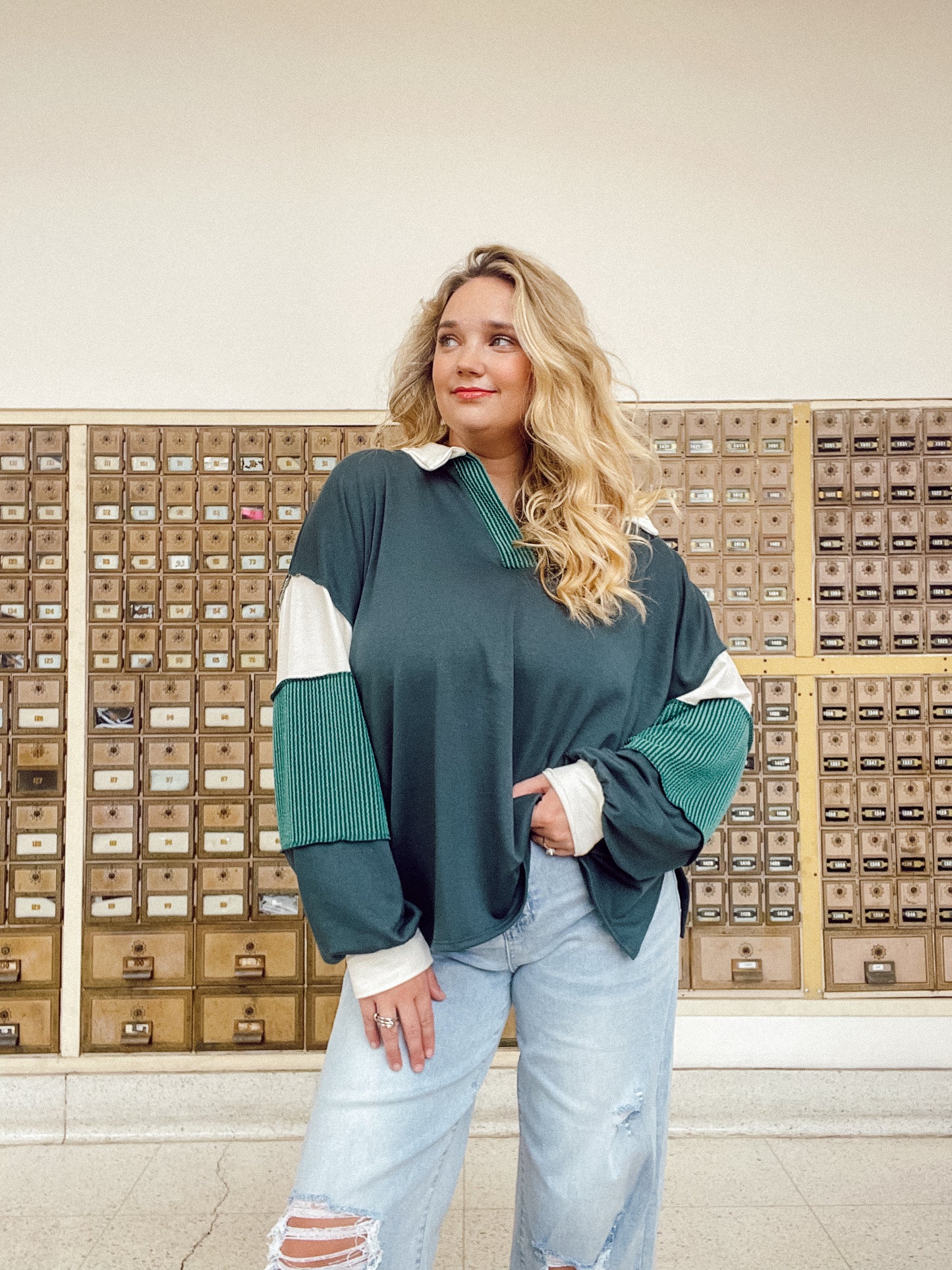 Green Long Sleeve Top with Ribbed Sleeve & V-Neck Detail