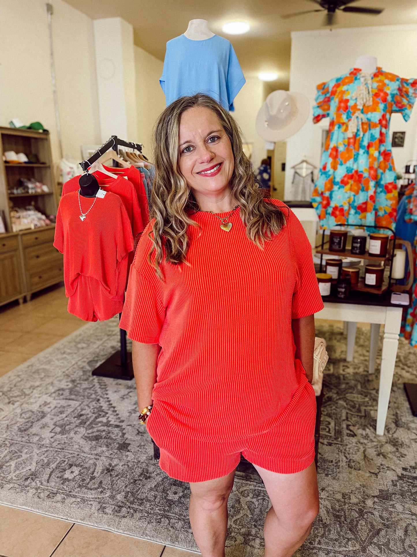 RIBBED RED/ORANGE TOP & SHORTS SET