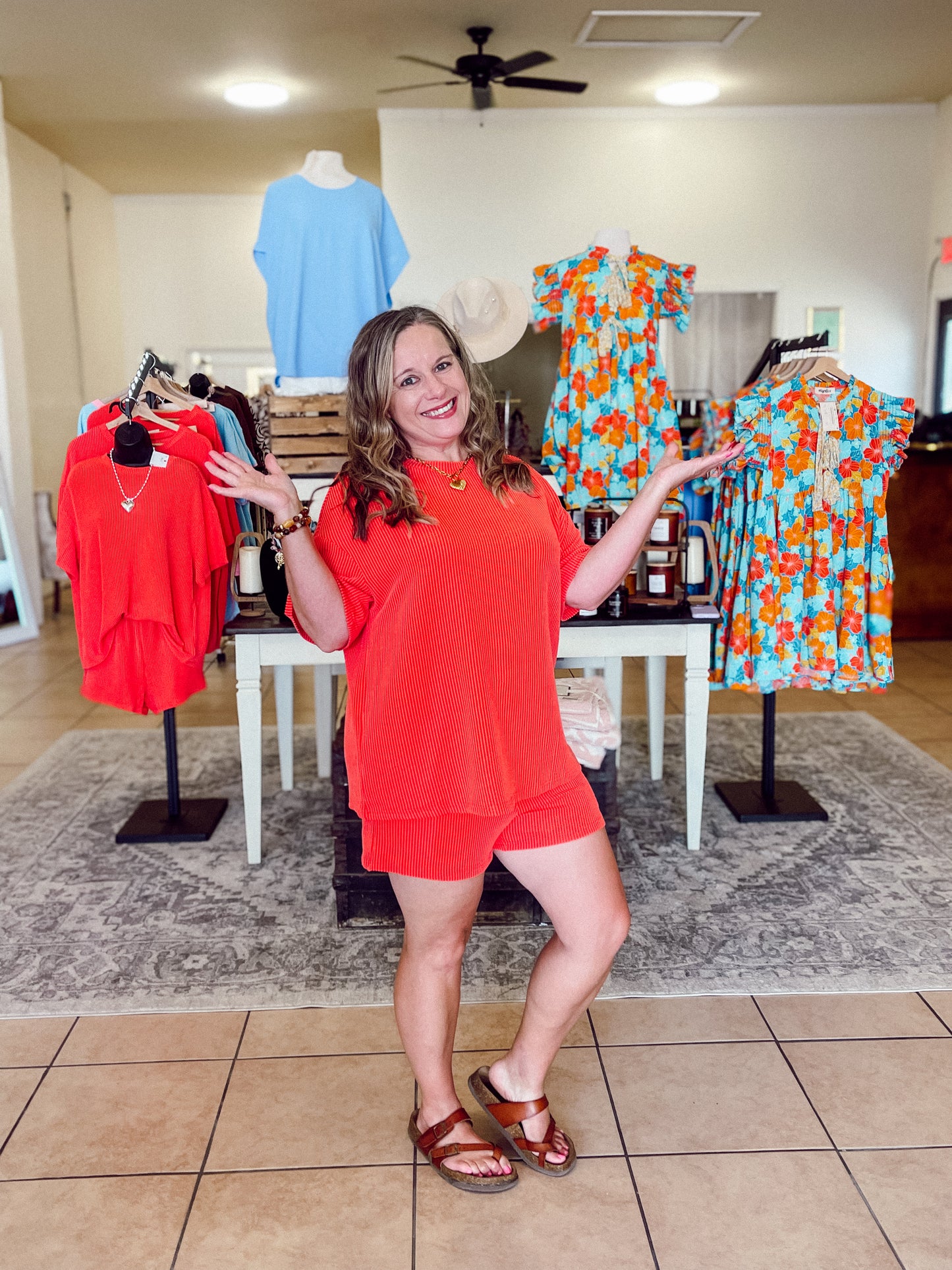 RIBBED RED/ORANGE TOP & SHORTS SET