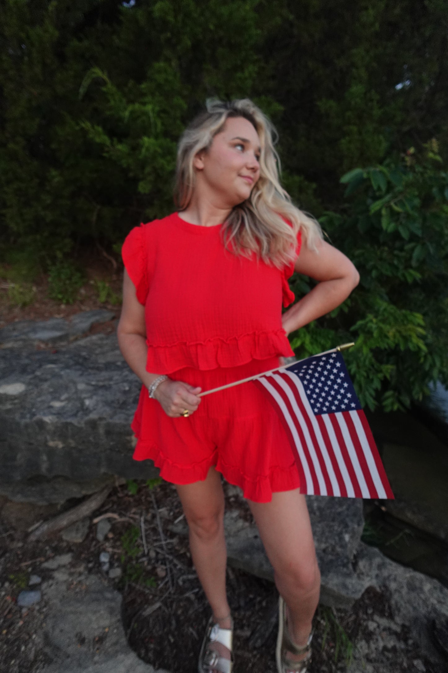 Red Linen Shorts Set