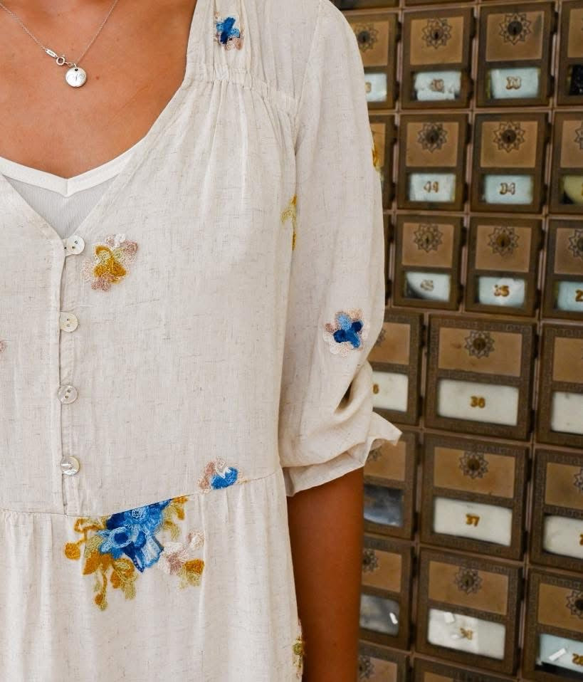 Beige Knee Length Dress With Blue Embroidery Flowers