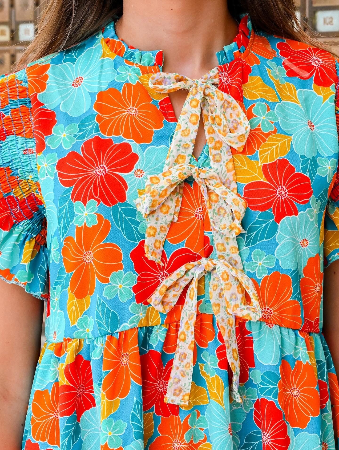 Short Sleeve Fall Transition Dress With Bows