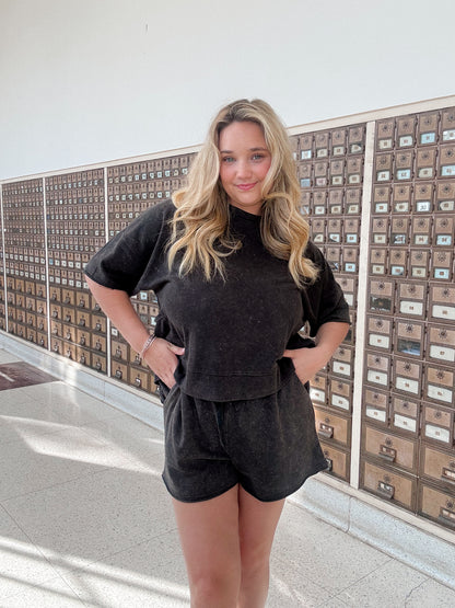 Mineral Washed Knit Casual Black Two-Piece Set