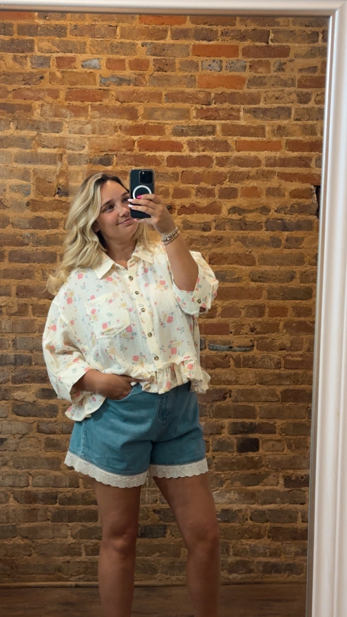 Floral Button Up Top With Ruffle Him