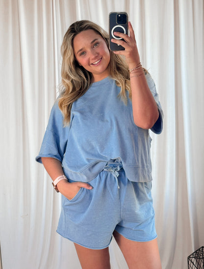 Mineral Washed Knit Casual Demin Two-Piece Set