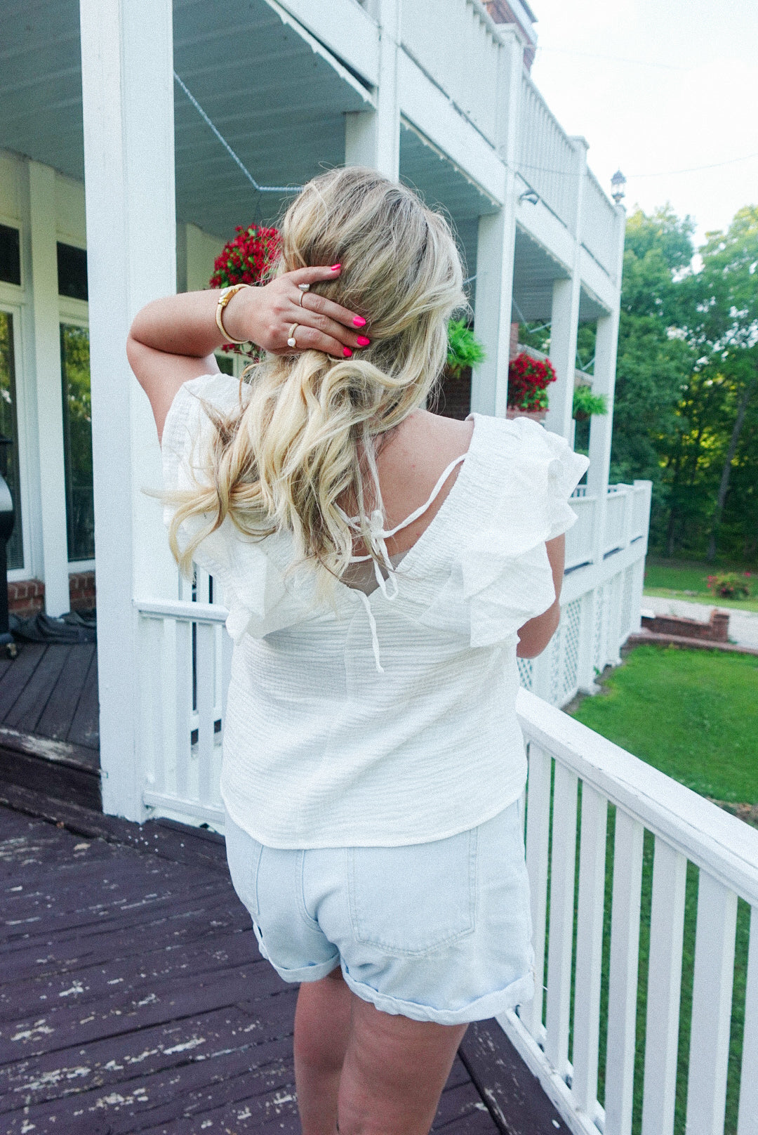 White Ruffle Sleeve Tie Back Top
