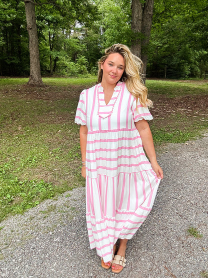 Striped Pink & White Flowy Dress