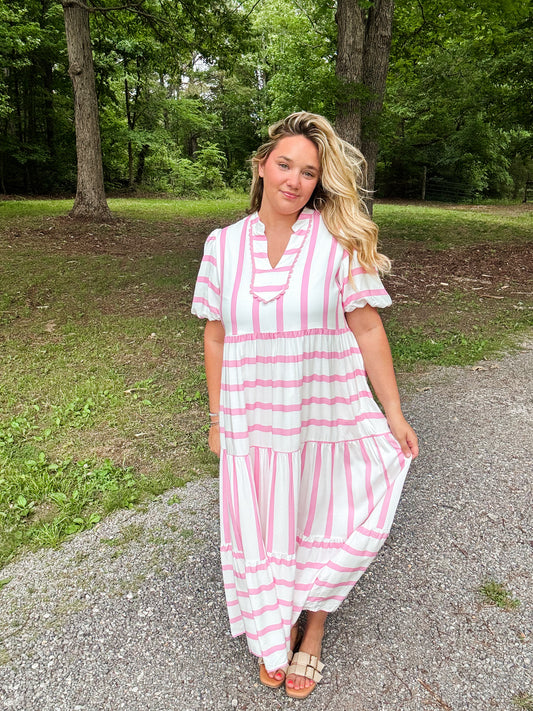 Striped Pink & White Flowy Dress