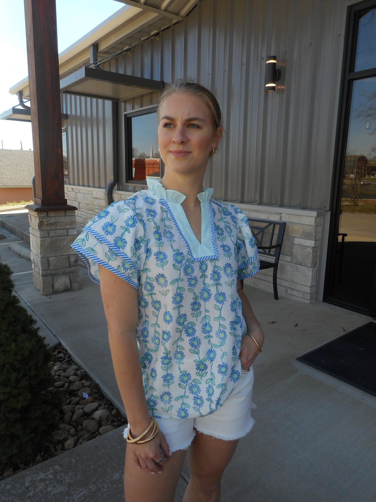 Blue & Seafoam Blouse With Ruffle Sleeves