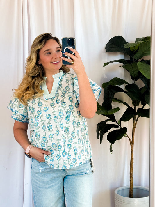 Blue & Seafoam Blouse With Ruffle Sleeves
