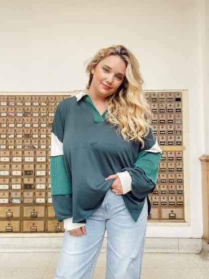 Green Long Sleeve Top with Ribbed Sleeve & V-Neck Detail