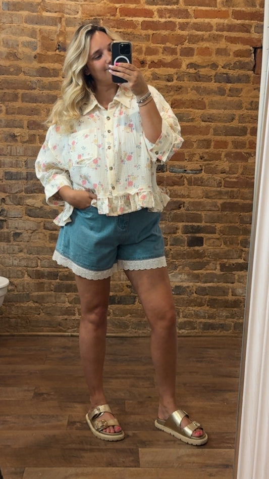 Lace Trim Denim Shorts