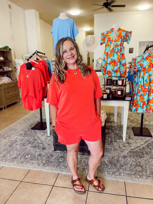 RIBBED RED/ORANGE TOP & SHORTS SET