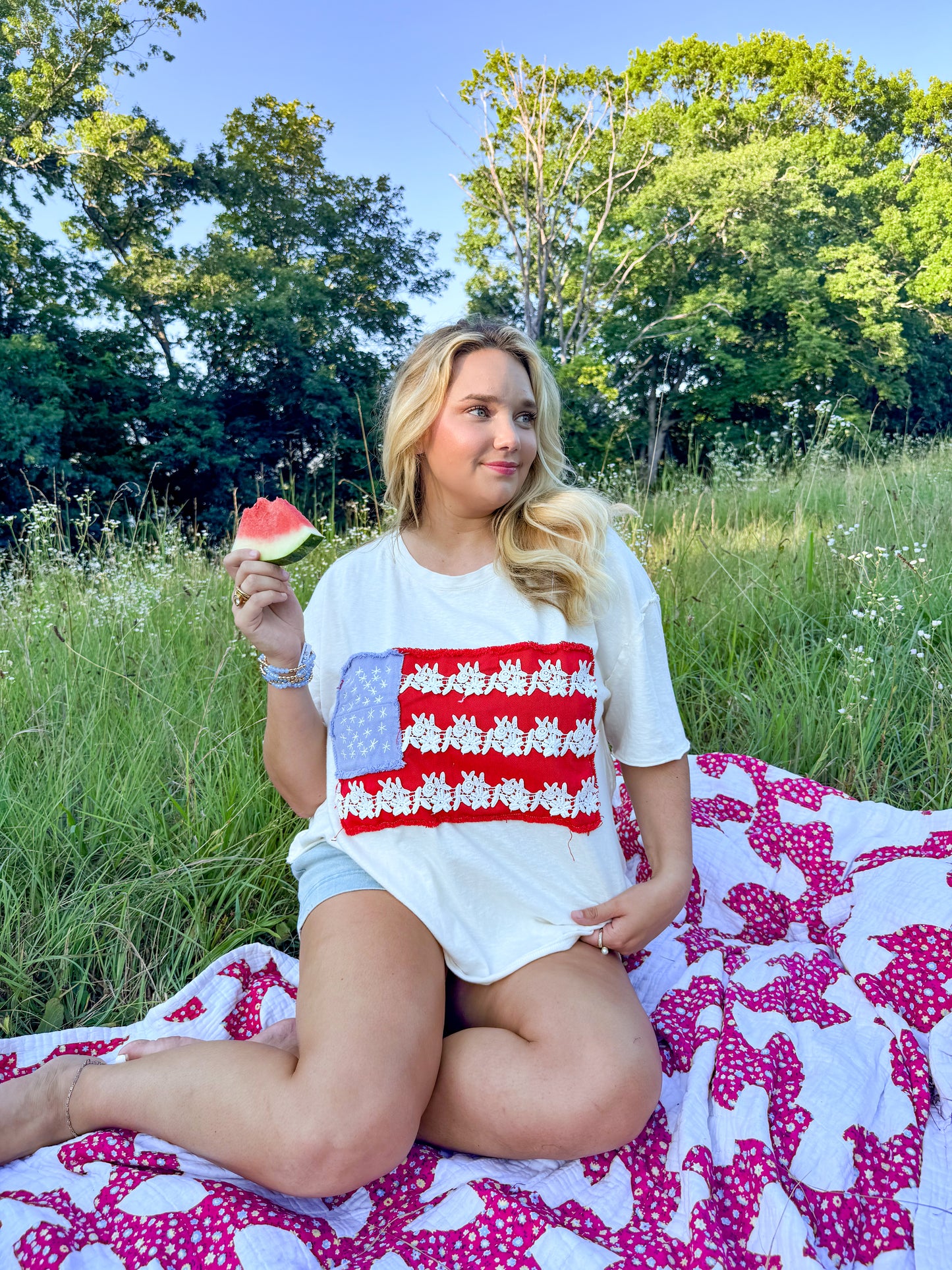 American Flag Lace Patchwork Oversized Tee
