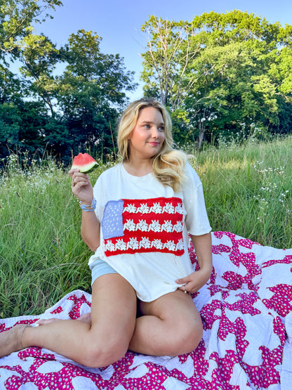 American Flag Lace Patchwork Oversized Tee