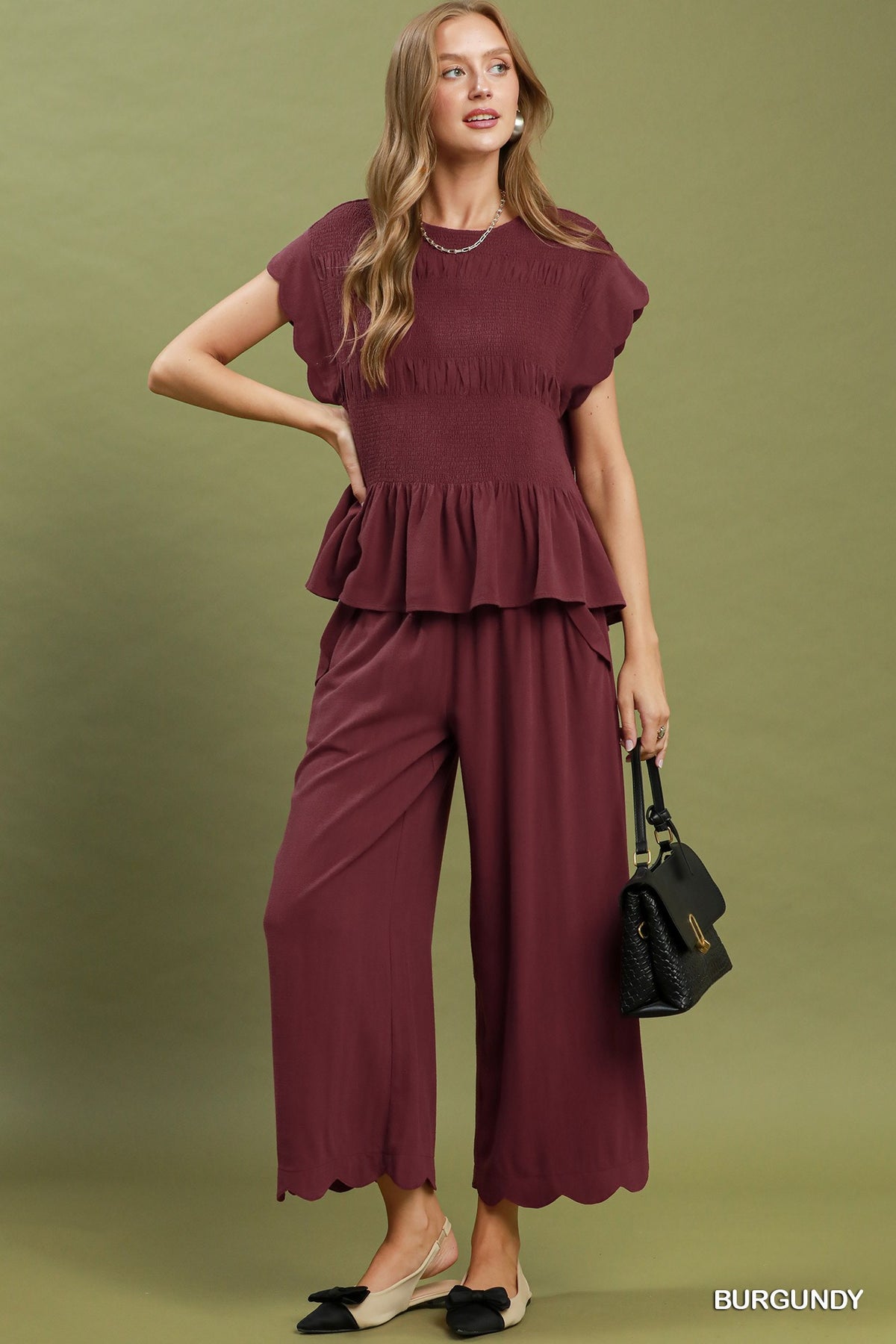 Burgundy Scalloped Edge Pants