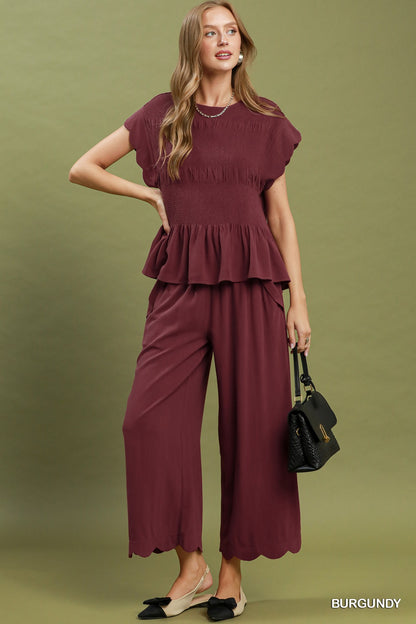 Burgundy Scalloped Edge Pants