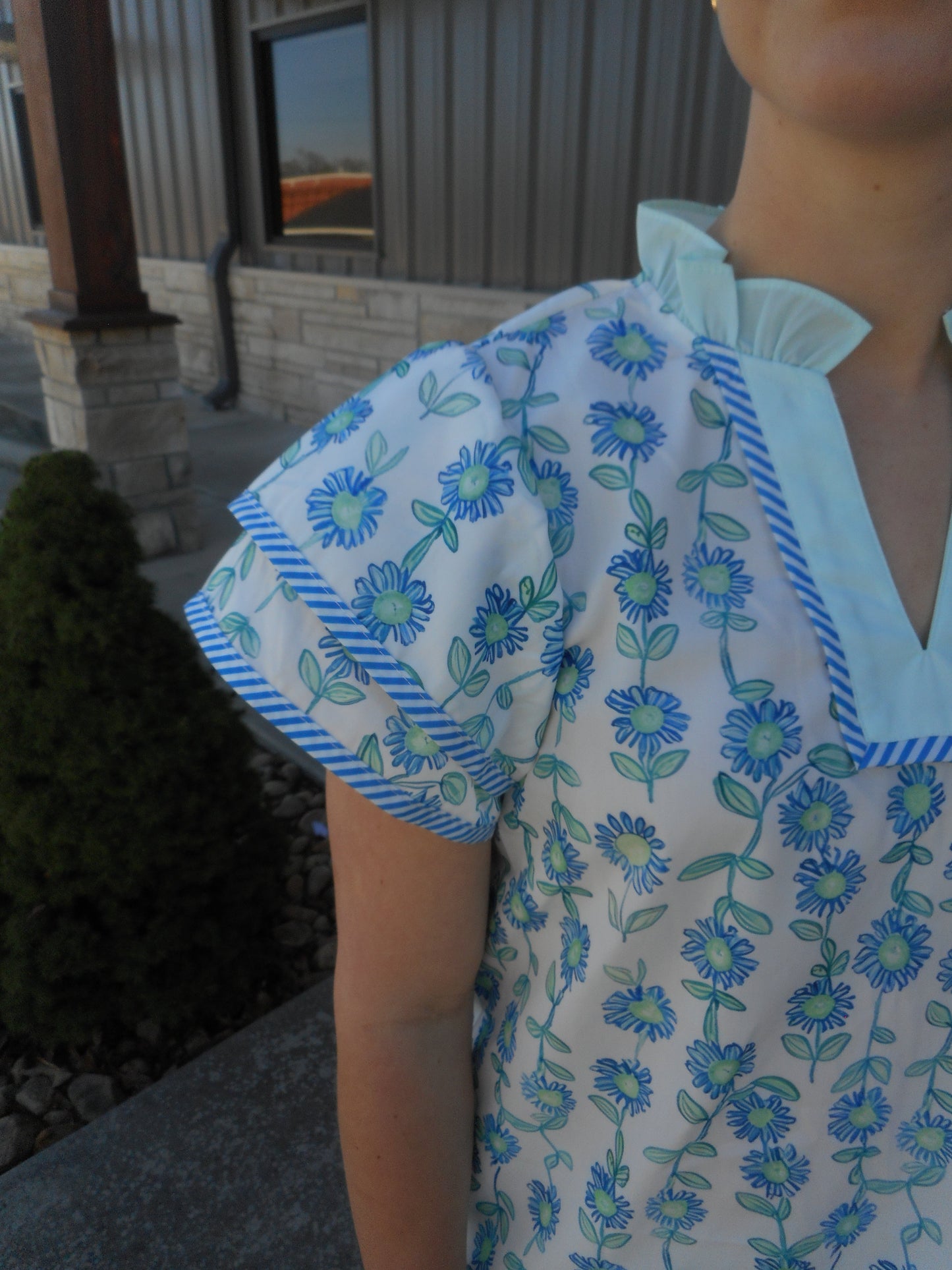 Blue & Seafoam Blouse With Ruffle Sleeves