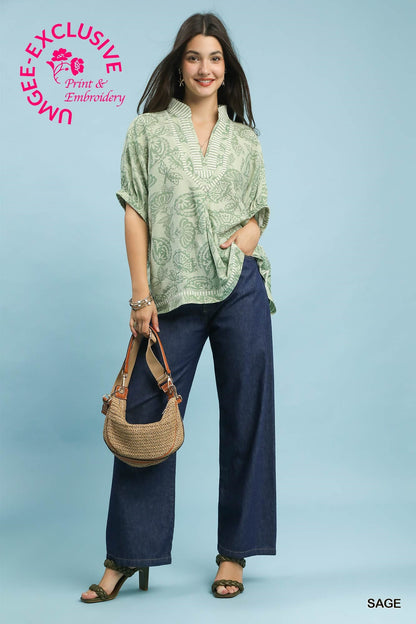 Sage Botanical Print Top