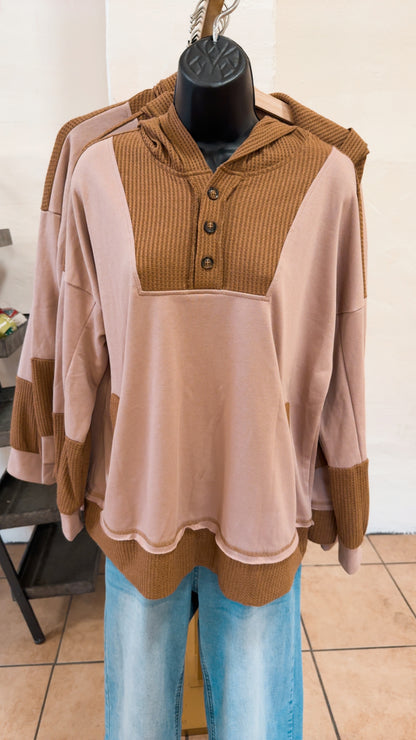 Soft Neutrals Colorblock Waffle Hoodie – Taupe & Brown