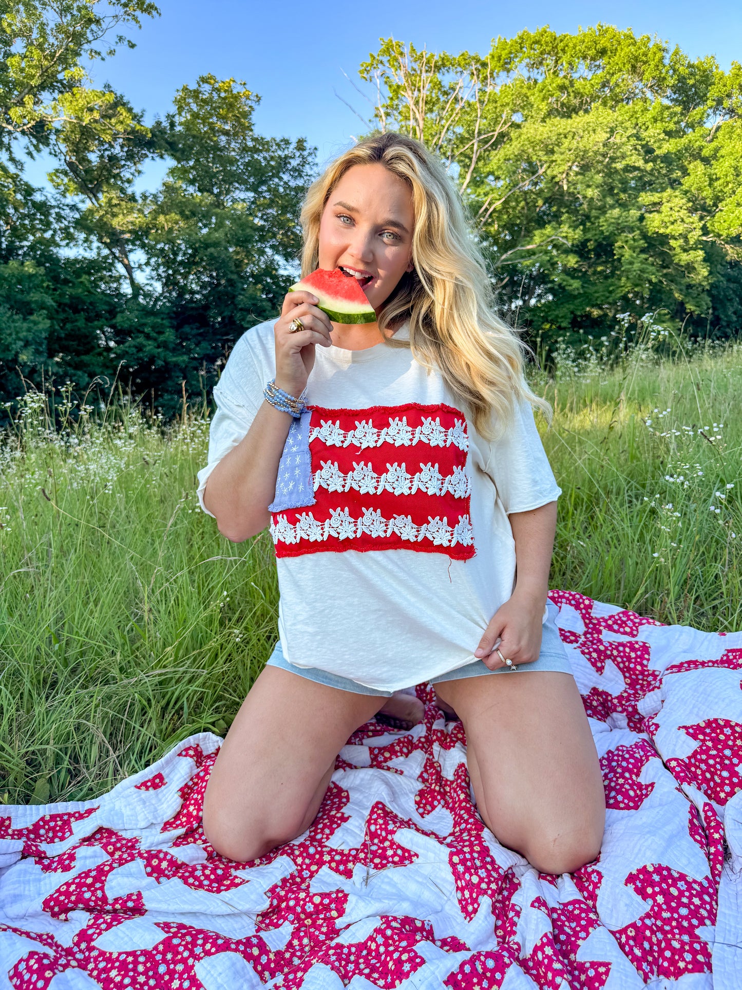 American Flag Lace Patchwork Oversized Tee