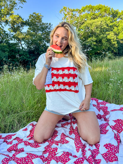 American Flag Lace Patchwork Oversized Tee