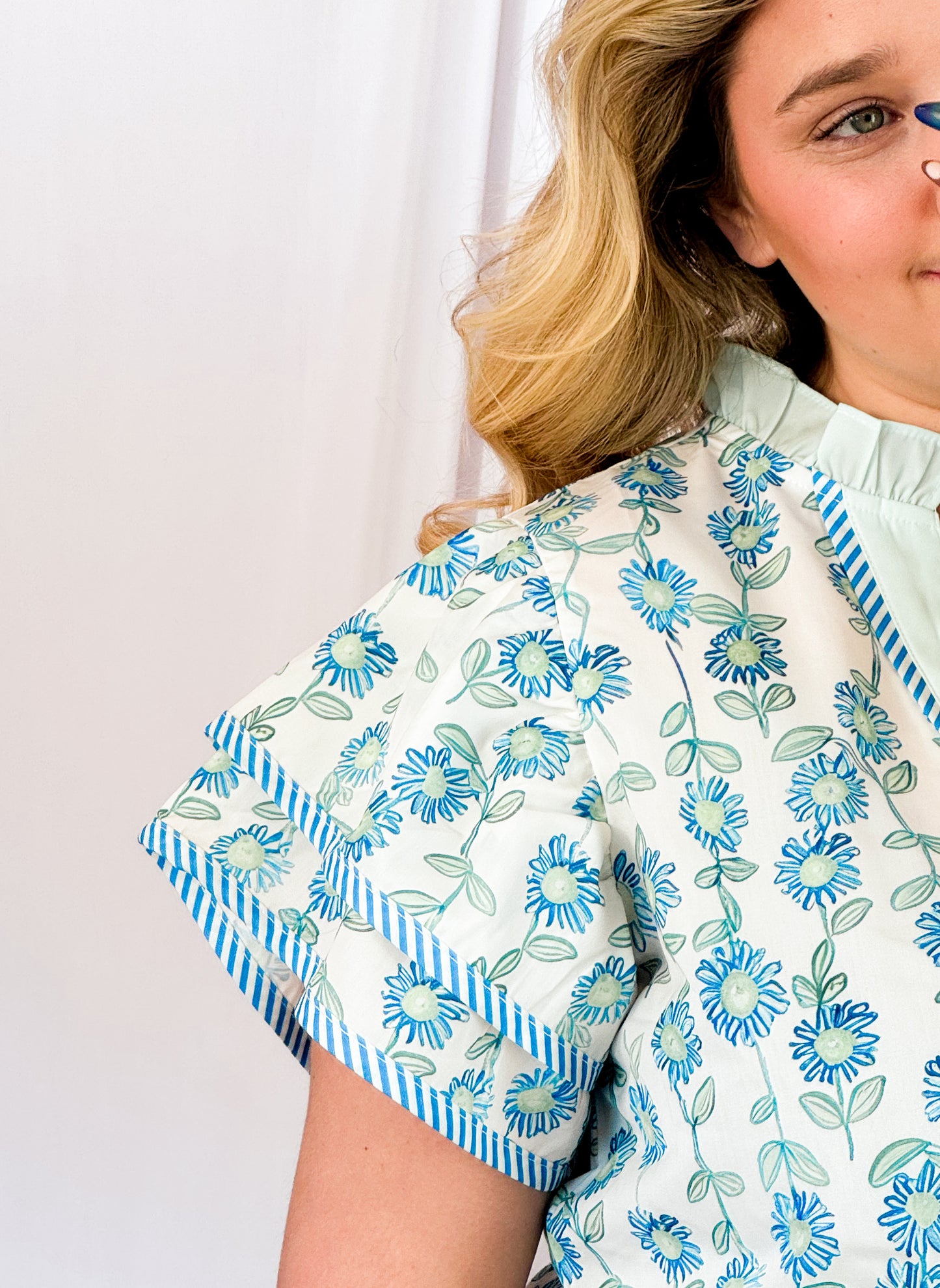 Blue & Seafoam Blouse With Ruffle Sleeves