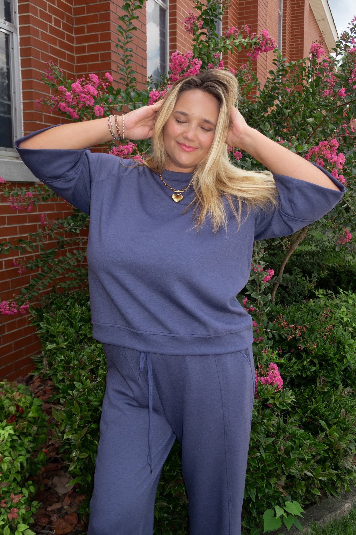 Dusty Blue Suba Short Sleeve Pants Set Regular & Plus