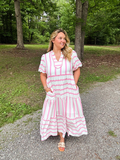 Striped Pink & White Flowy Dress