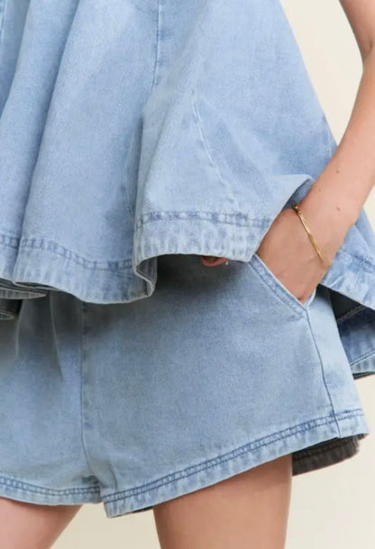 Light Wash Denim Shorts Set