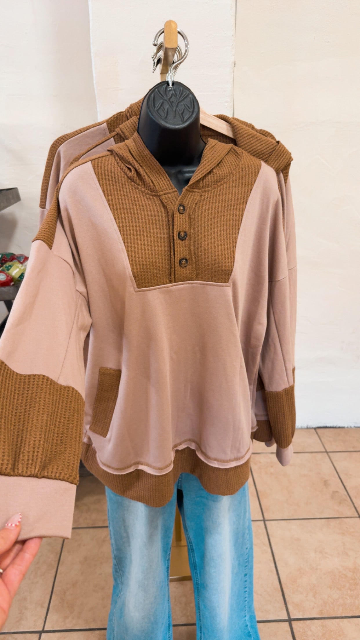 Soft Neutrals Colorblock Waffle Hoodie – Taupe & Brown