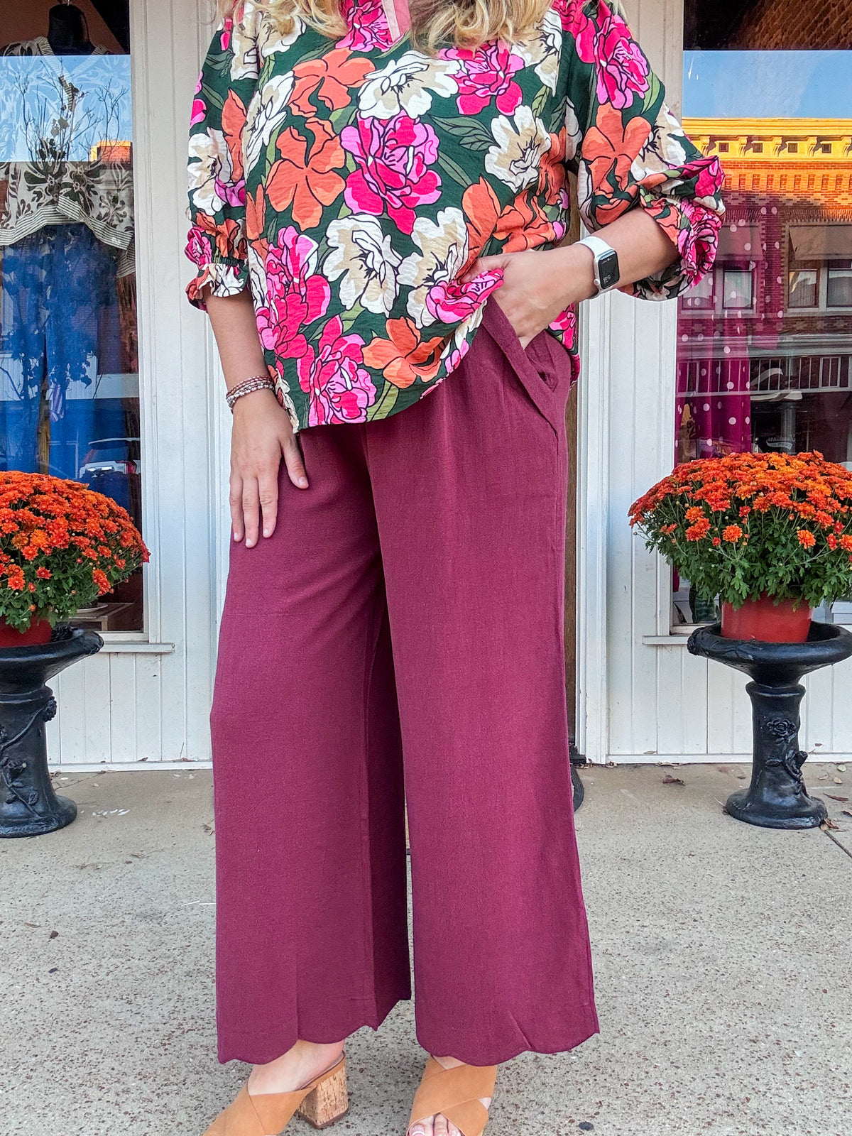 Burgundy Scalloped Edge Pants