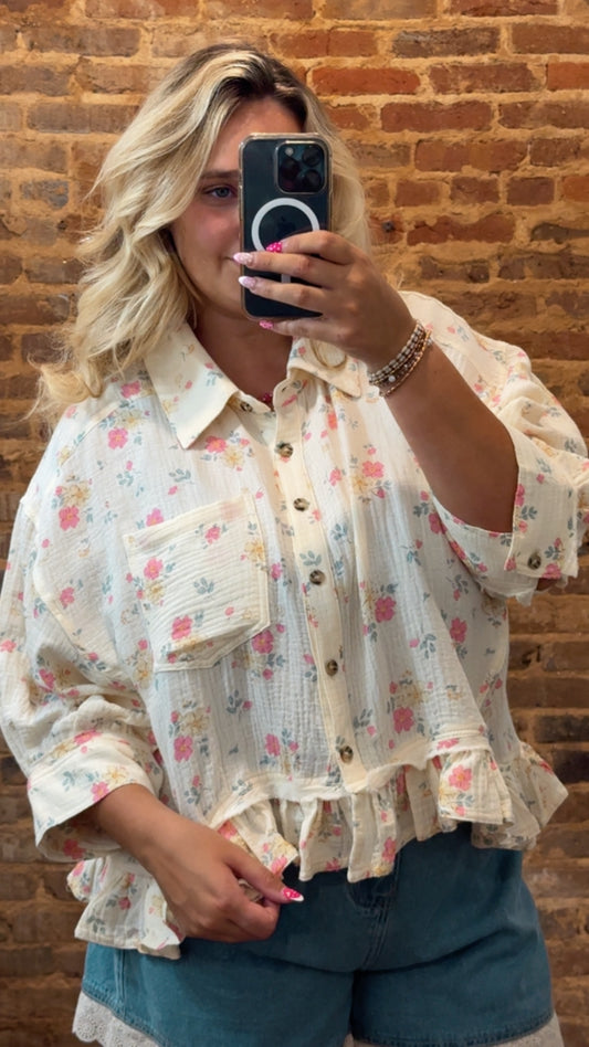 Floral Button Up Top With Ruffle Him