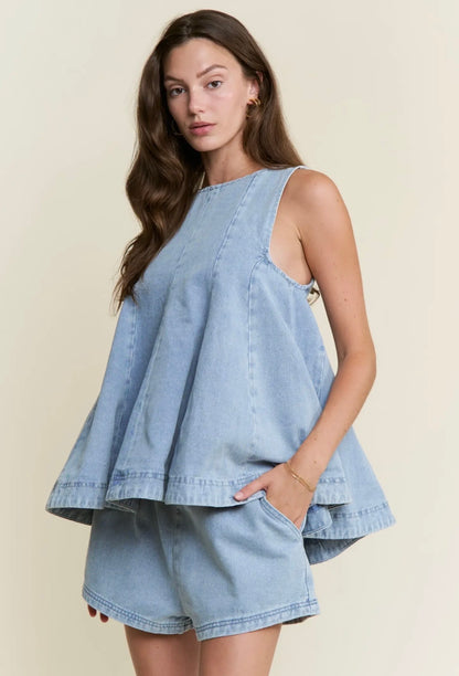 Light Wash Denim Shorts Set