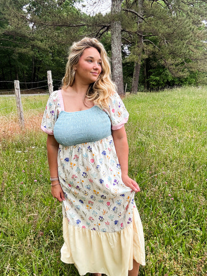 Floral Square Neck Pastel Long Dress