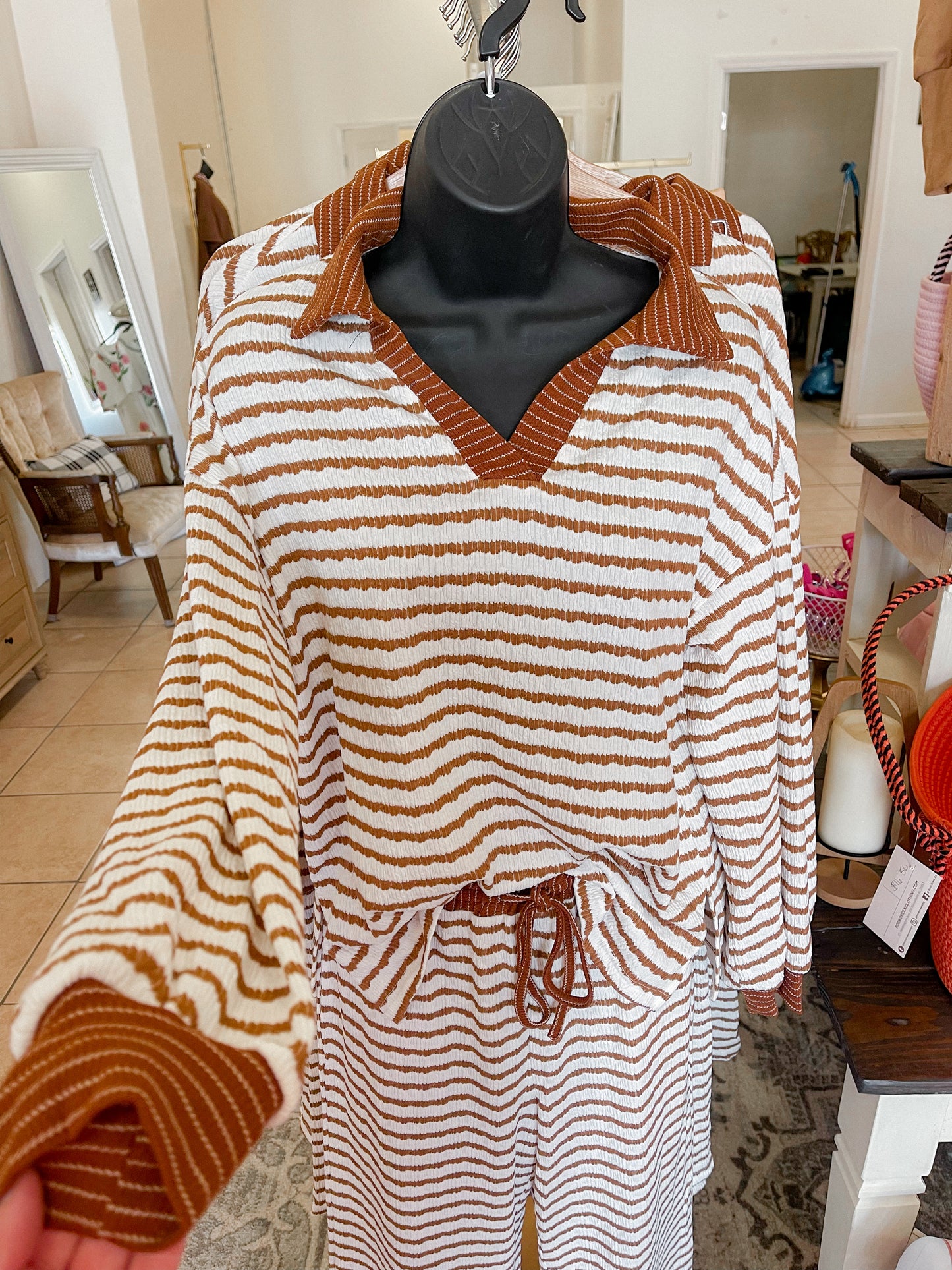 Cozy Stripe Lounge Set – Cream & Brown