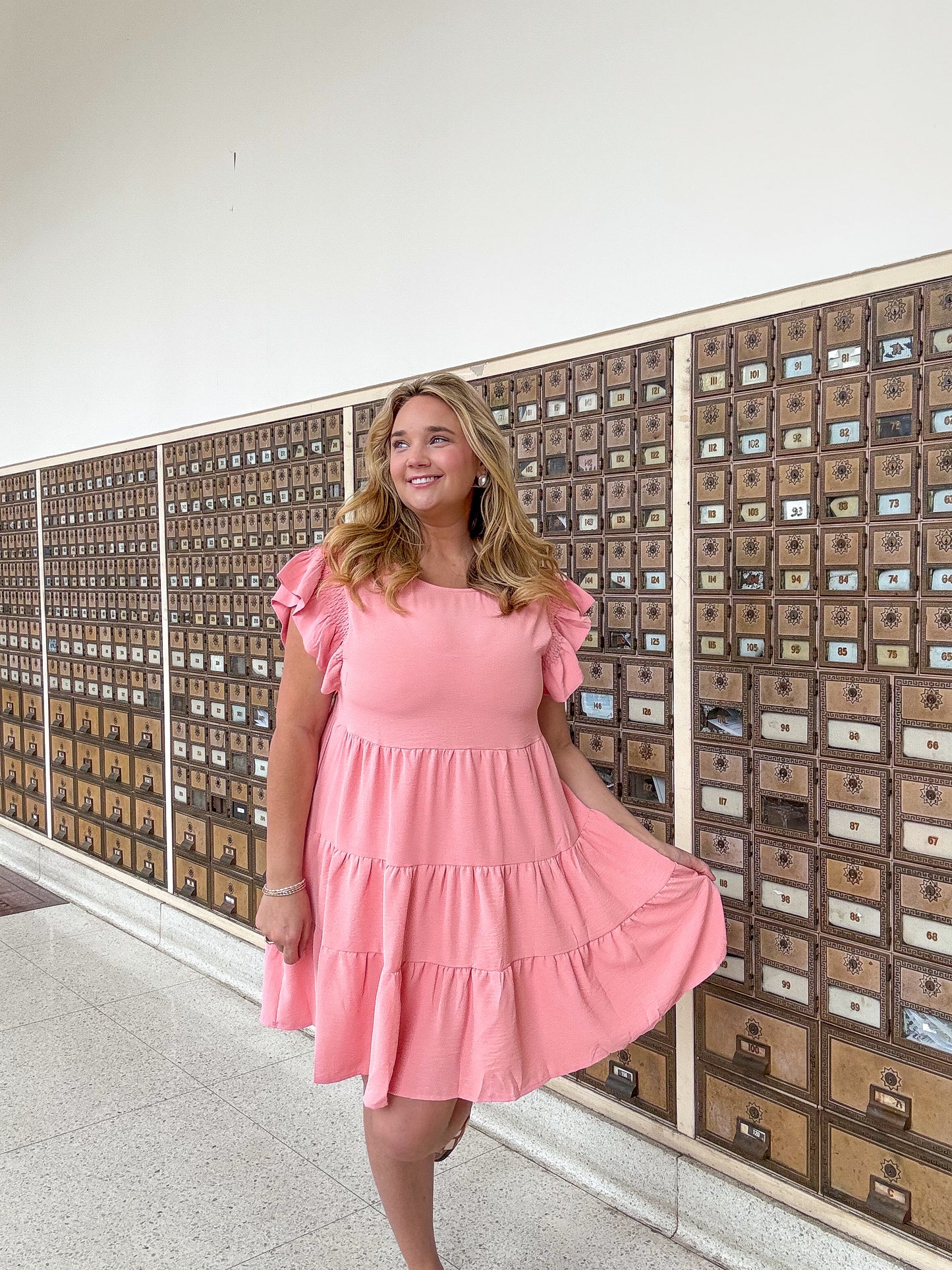 Peach Flutter Sleeve Dress