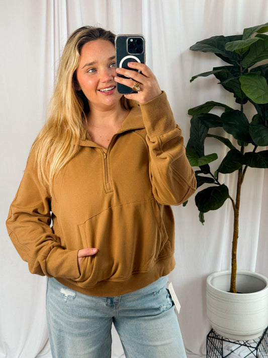 Brown quarter zip pullover with pockets