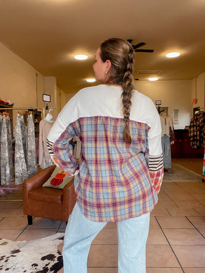 Cream Long Sleeve Blouse with Flannel Sleeve Panels- Plus Size