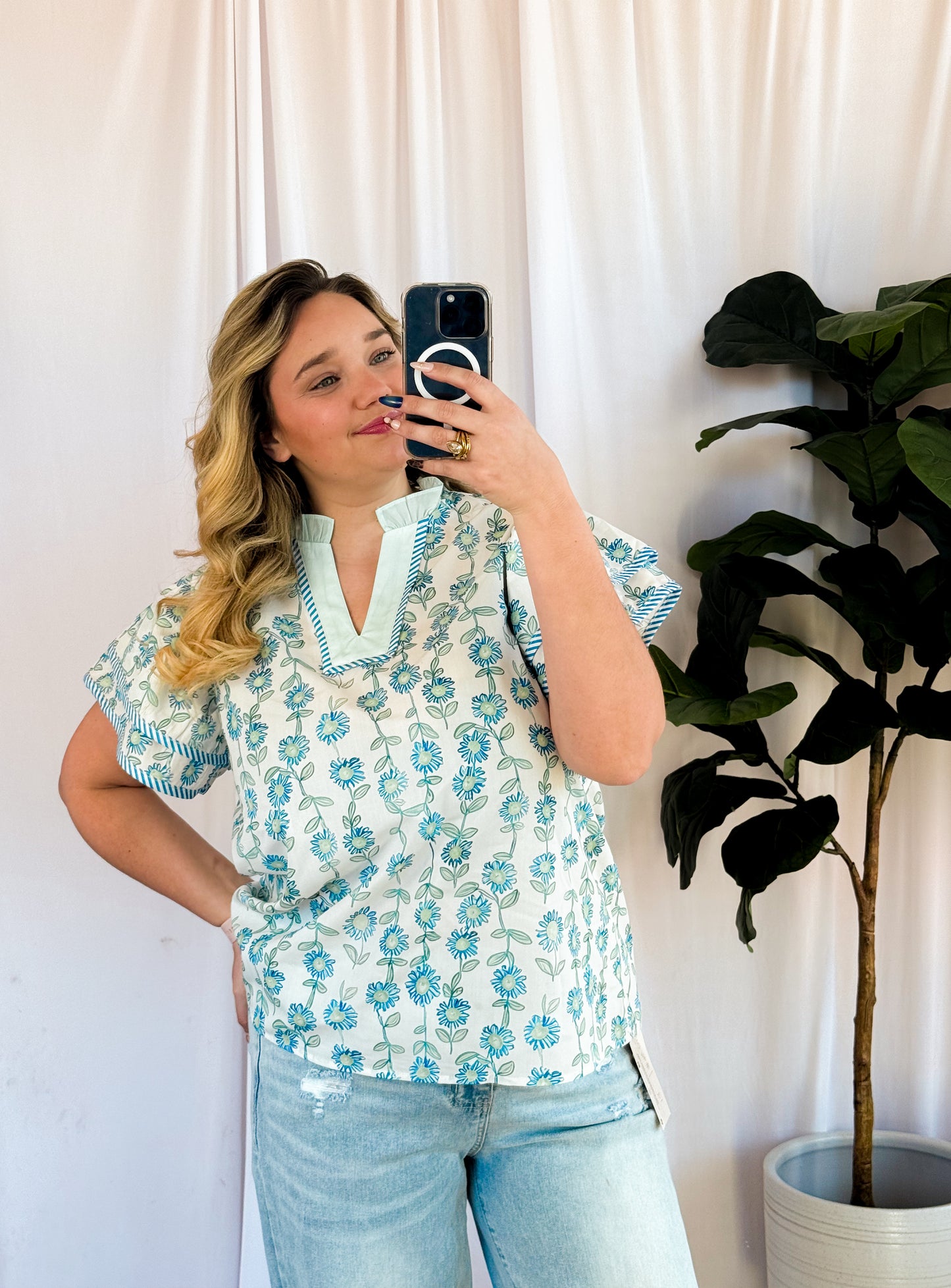 Blue & Seafoam Blouse With Ruffle Sleeves