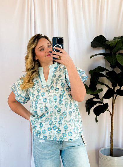 Blue & Seafoam Blouse With Ruffle Sleeves