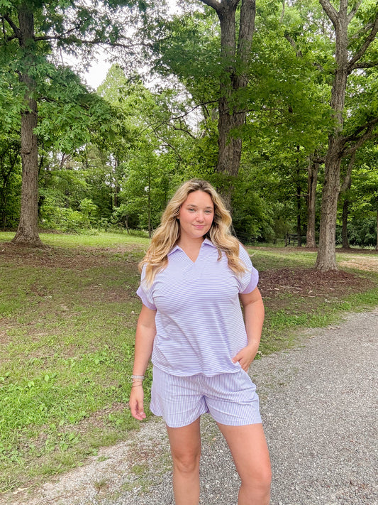 Lilac Purple Striped Set With Drawstring Shorts