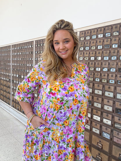 Purple Floral Quarter Sleeve Dress