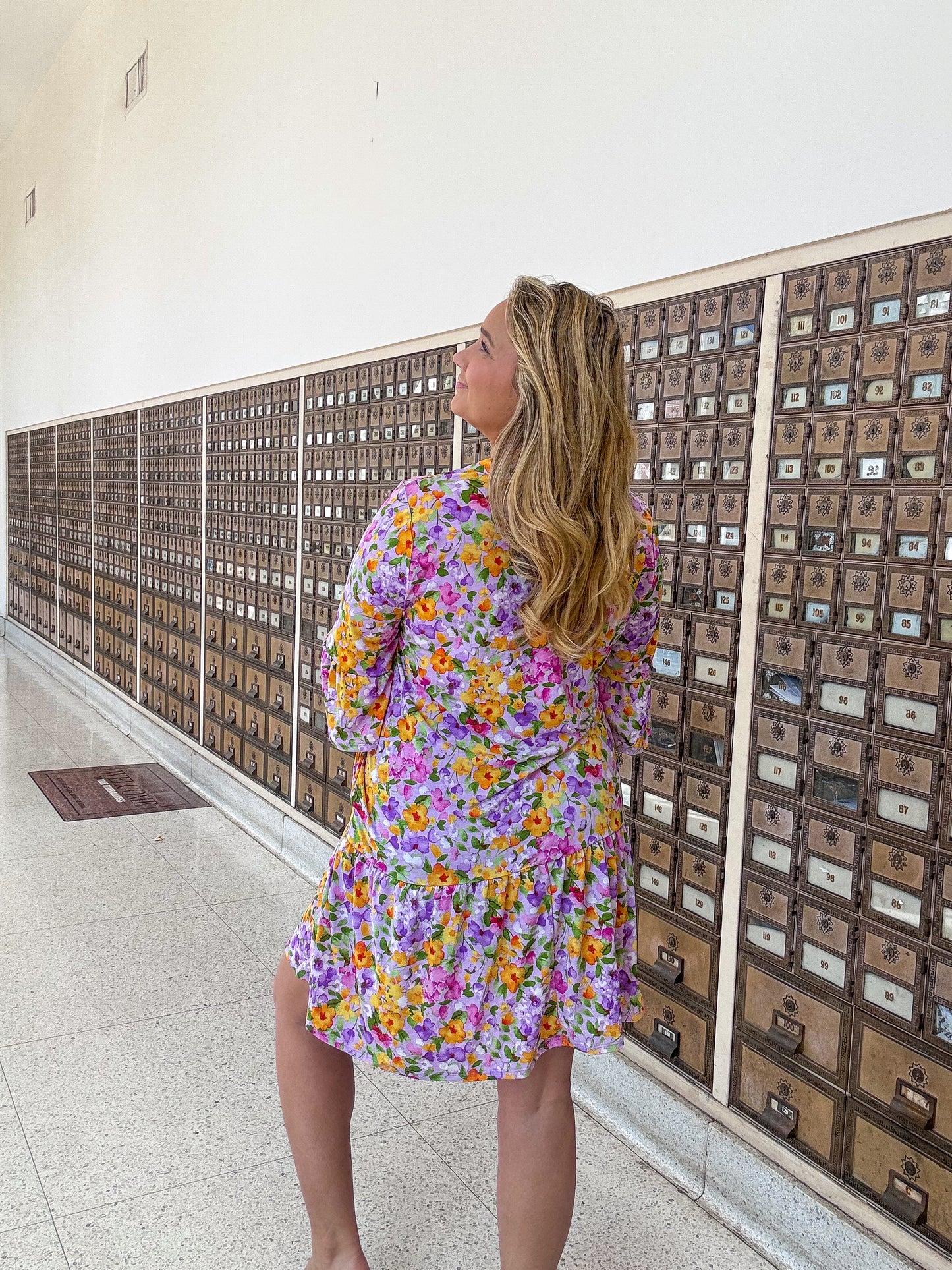 Purple Floral Quarter Sleeve Dress
