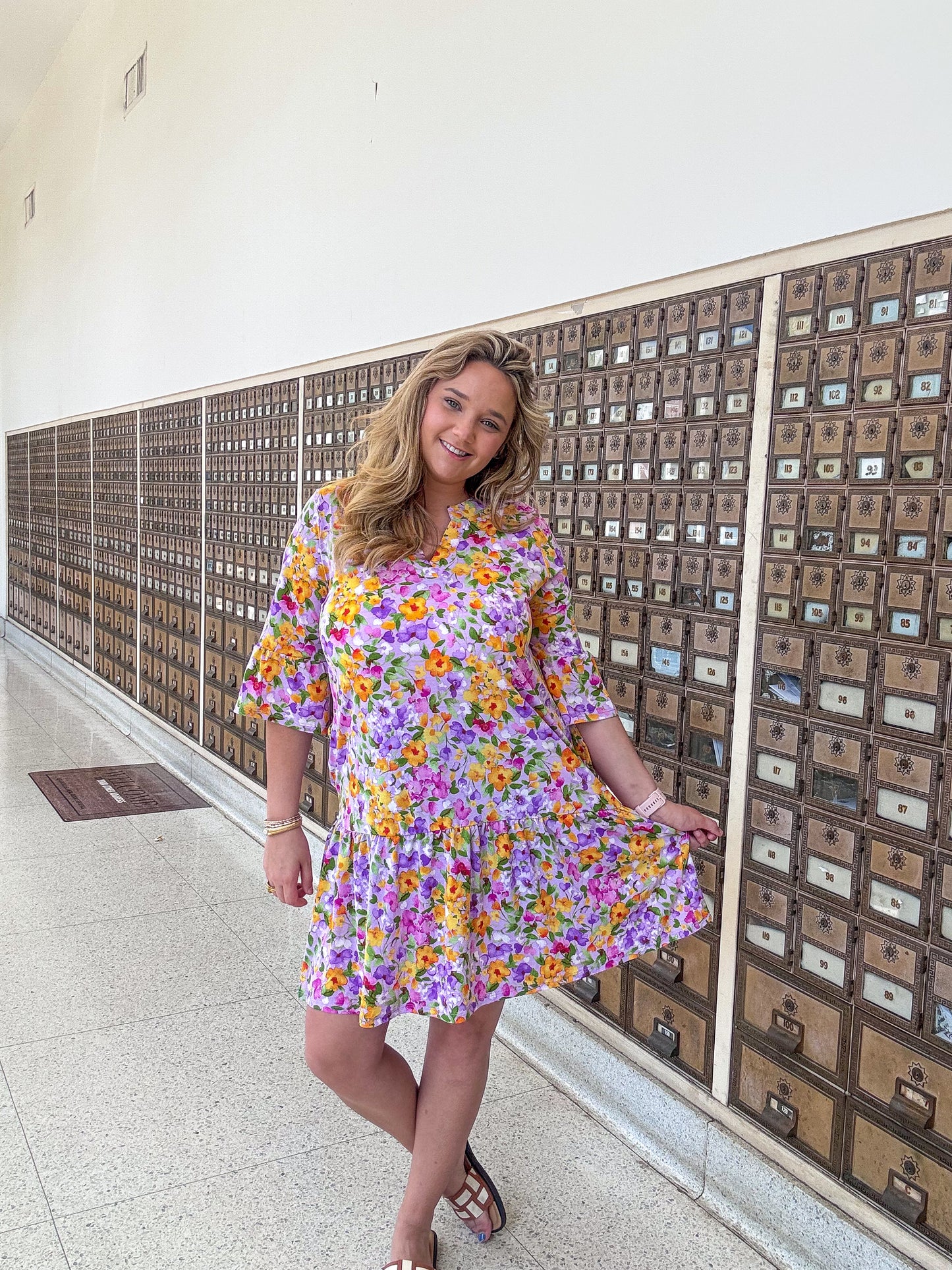 Purple Floral Quarter Sleeve Dress