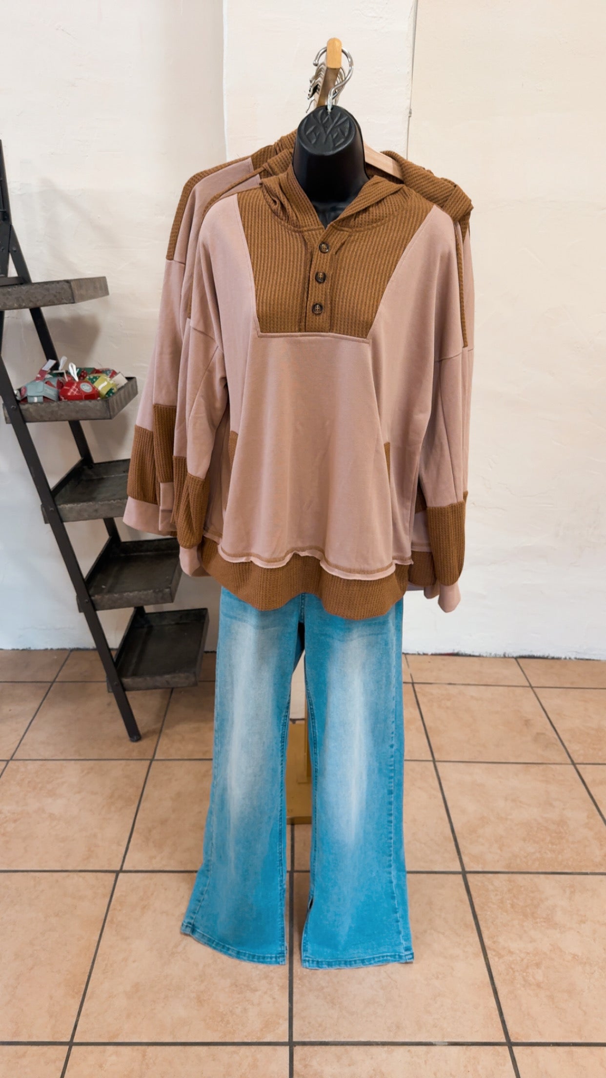 Soft Neutrals Colorblock Waffle Hoodie – Taupe & Brown