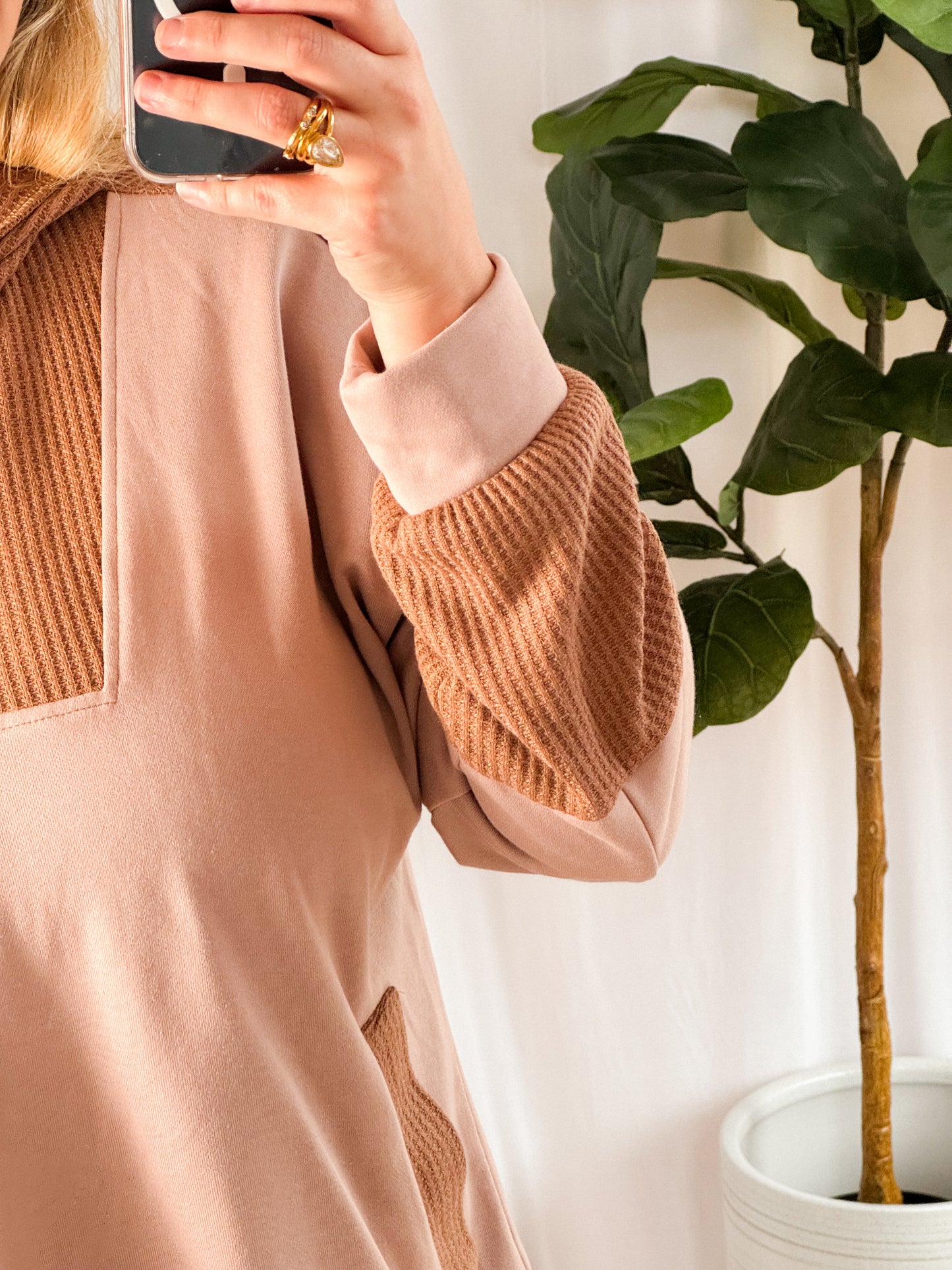 Soft Neutrals Colorblock Waffle Hoodie – Taupe & Brown