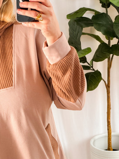 Soft Neutrals Colorblock Waffle Hoodie – Taupe & Brown
