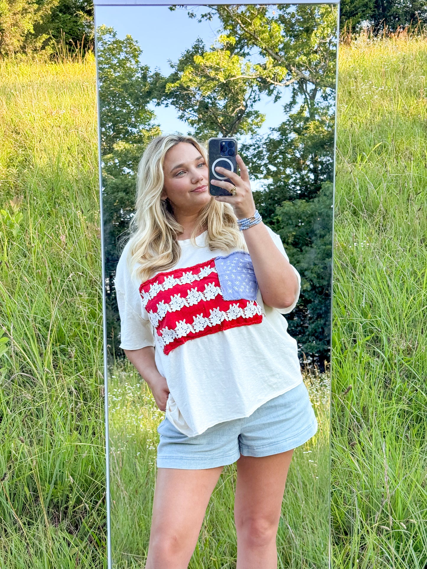 American Flag Lace Patchwork Oversized Tee